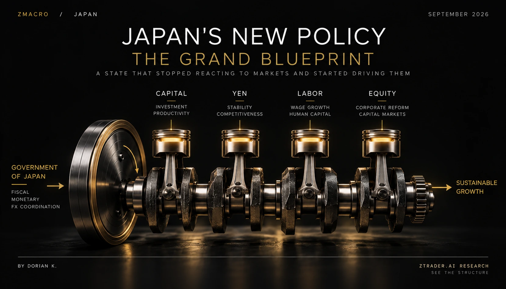 THE ENGINE — GOVERNMENT OF JAPAN. CAPITAL, YEN, LABOR, AND EQUITY AS FOUR SYNCHRONIZED PISTONS, DRIVEN OFF ONE CRANKSHAFT.