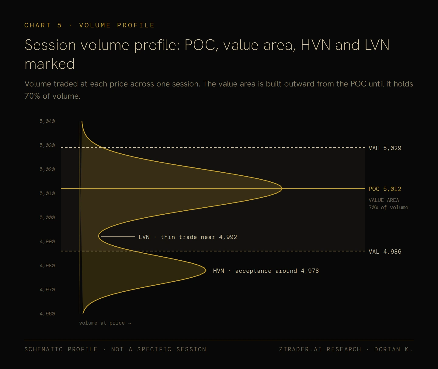 Session volume profile: POC, value area, HVN and LVN marked